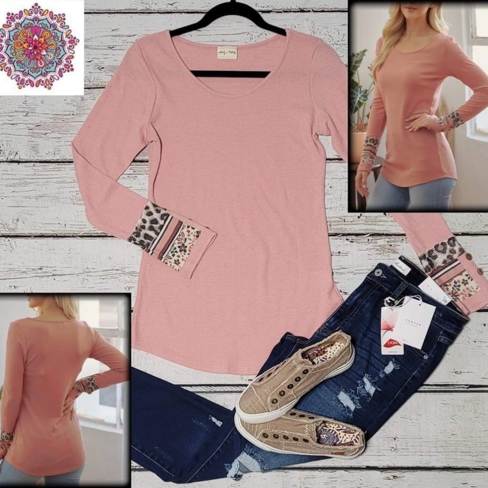 Floral Animal cuff long sleeve waffle knit top